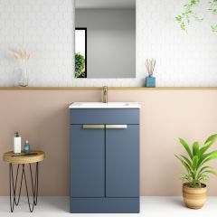 Galway 600mm Floor Standing Vanity & 1 Taphole Basin with Brushed Brass Handles (Midnight Blue)